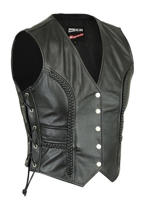 LADIES TASSEL MOTORCYCLE BIKER BUCKLED LEATHER VEST WAISTCOAT BLACK COWHIDE