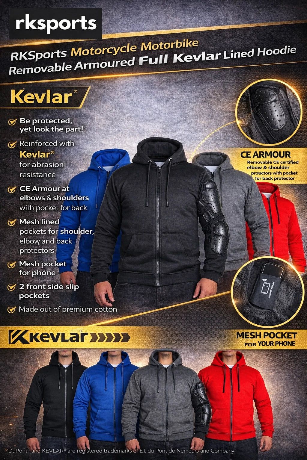 RKsports Motorcycle Motorbike Removable Armoured Full Kevlar Lined Hoodie
