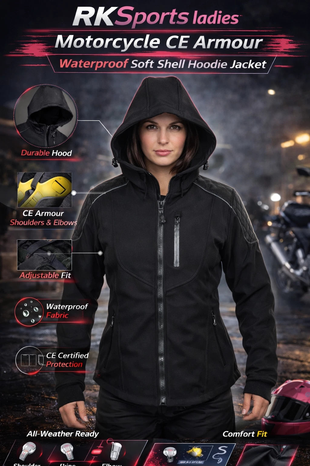 RKSports ladies Motorcycle CE Armour Waterproof Soft Shell Hoodie Jacket