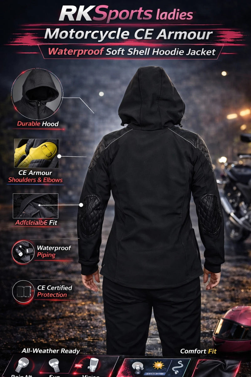 RKSports ladies Motorcycle CE Armour Waterproof Soft Shell Hoodie Jacket