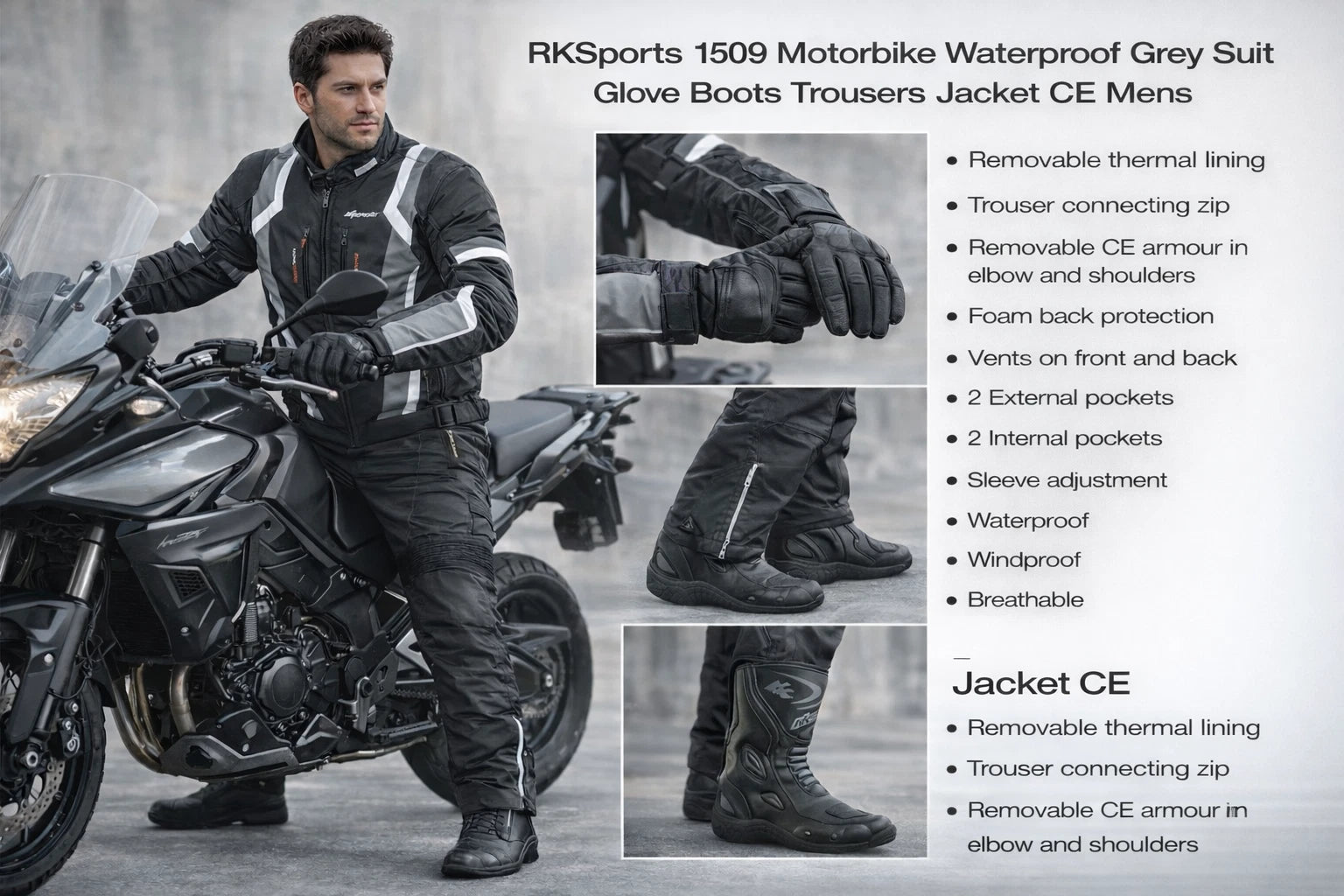 RKSports 1509 Motorbike Waterproof Grey Suit Glove Boots Trousers Jacket CE Mens
