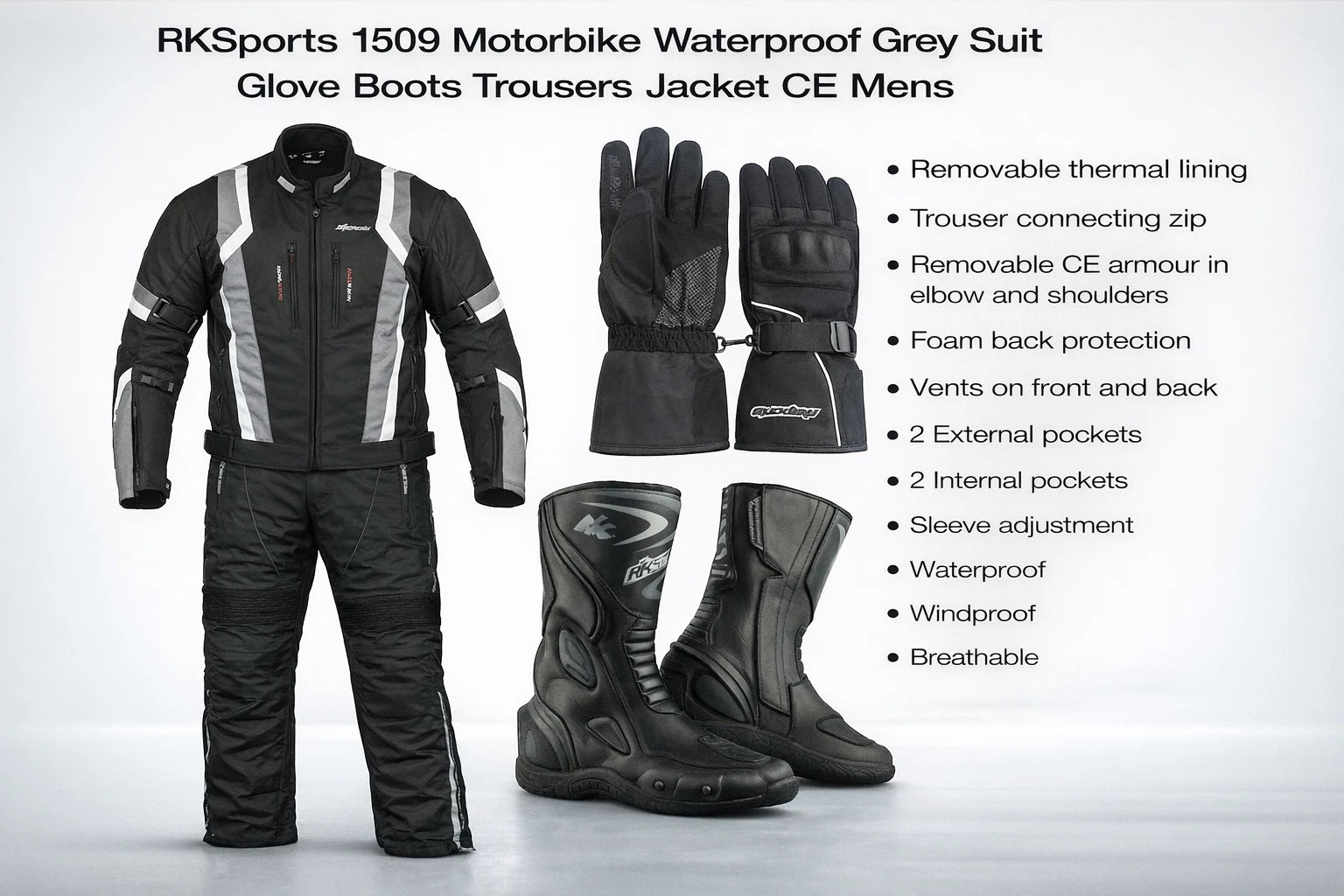 RKSports 1509 Motorbike Waterproof Grey Suit Glove Boots Trousers Jacket CE Mens