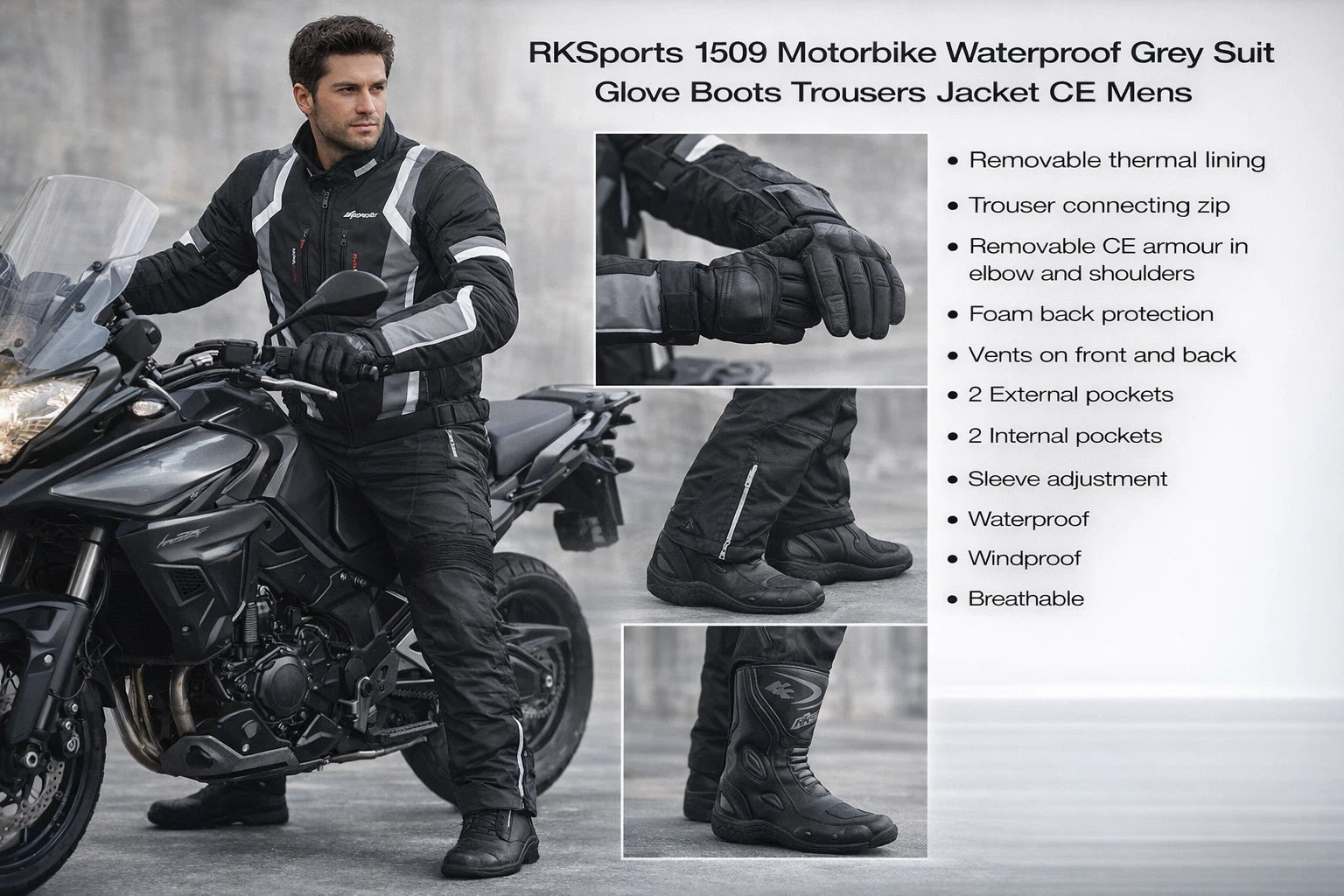 RKSports 1509 Motorbike Waterproof Grey Suit Glove Boots Trousers Jacket CE Mens