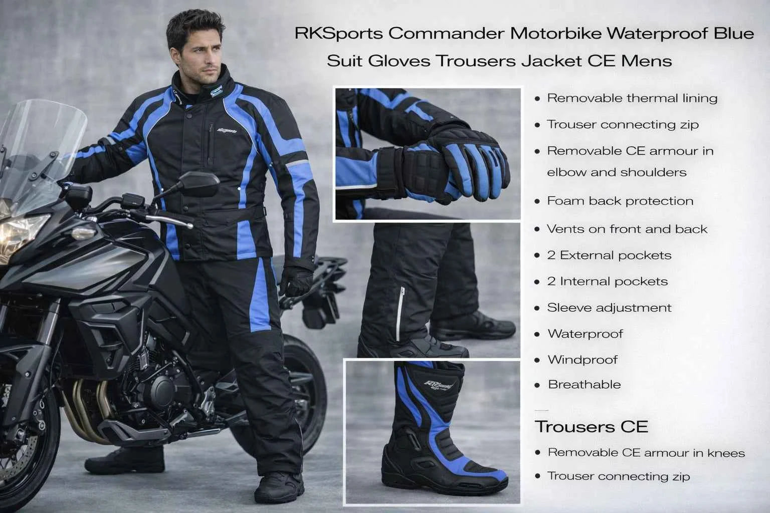 RKSports Commander Motorbike Waterproof Blue Suit Gloves Trousers Jacket CE Mens