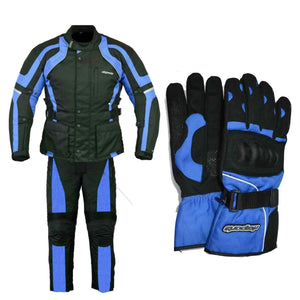 RKSports Commander Motorbike Waterproof Blue Suit Gloves Trousers Jacket CE Mens