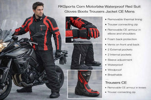 RKSports Commander Motorbike Waterproof Red Suit Gloves Trousers Jacket CE Mens