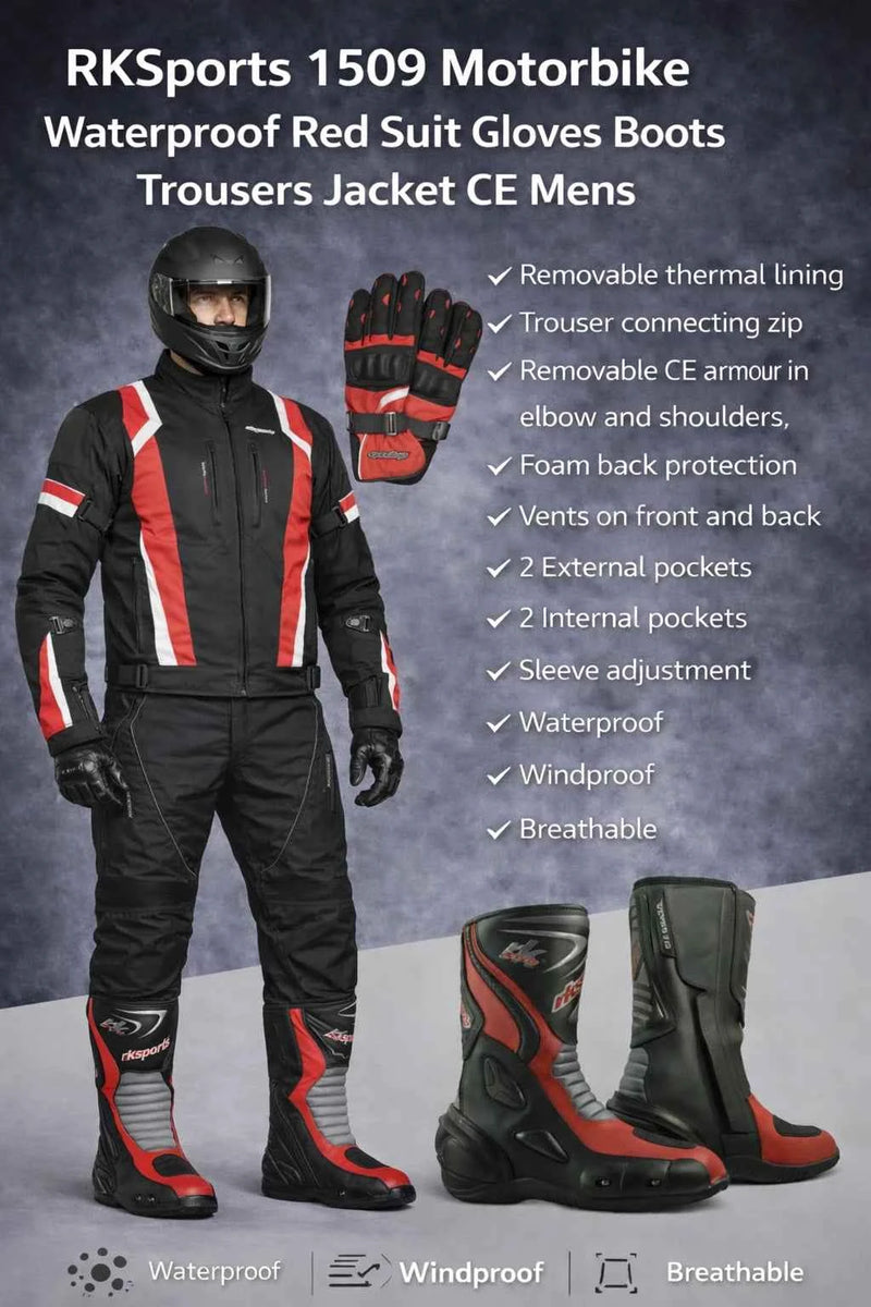 RKSports Commander Motorbike Waterproof Red Suit Gloves Trousers Jacket CE Mens
