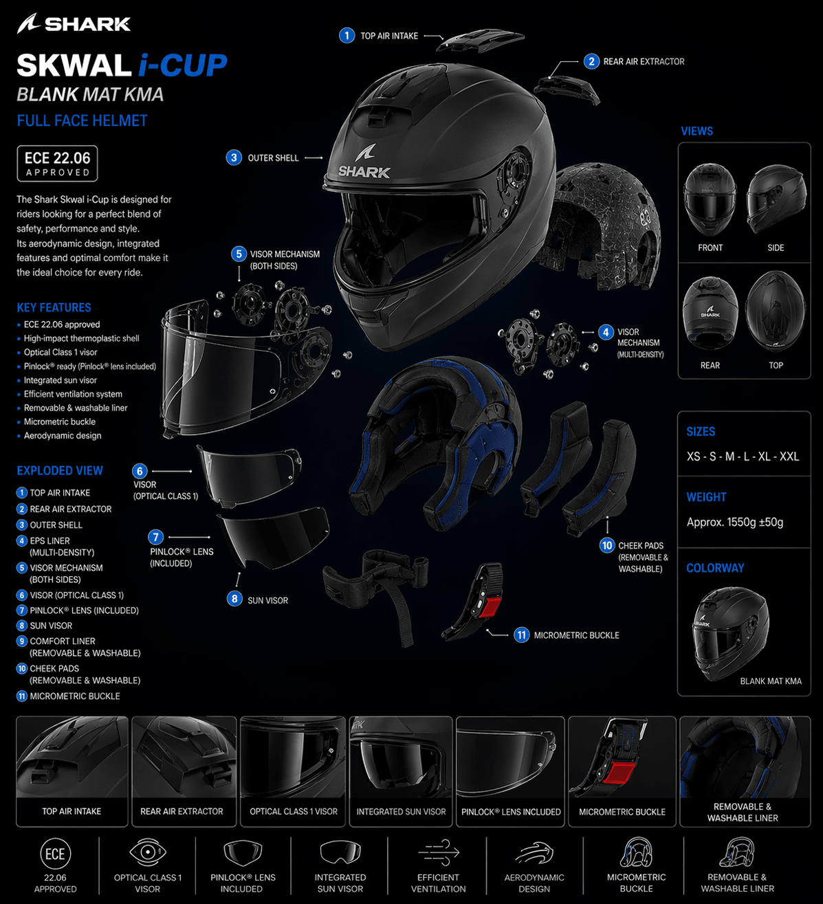 Casque moto intégral Shark Skwal I-Cup Blank Mat Kma
