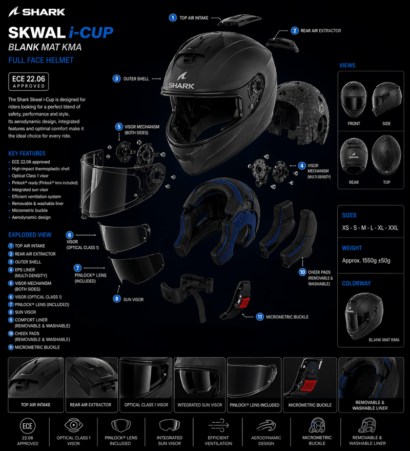 Casque moto intégral Shark Skwal I-Cup Blank Mat Kma