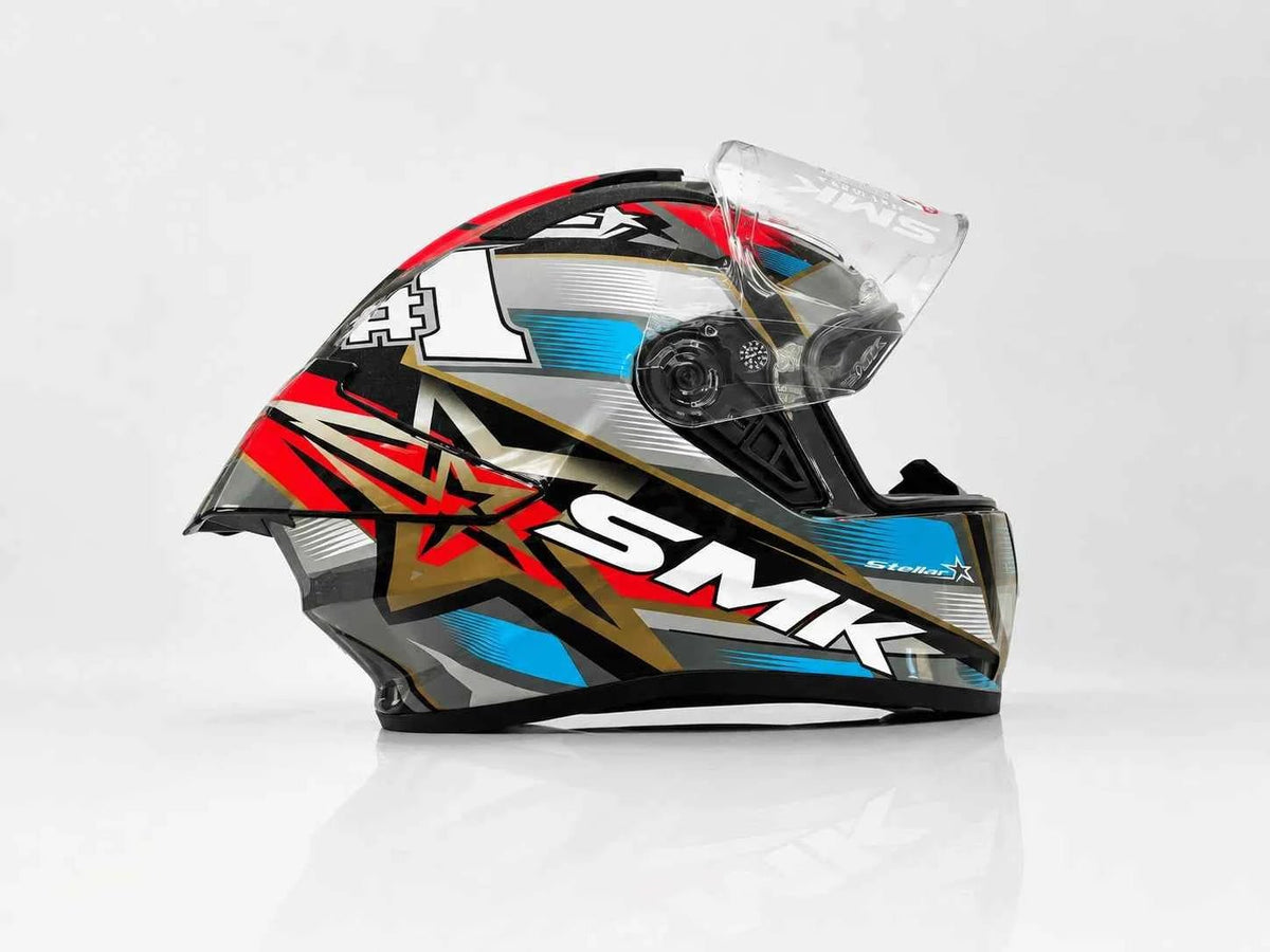 SMK STELLAR SPORT UNO GL657 MOTORCYCLE HELMET BLUE RED GREY - FREE DARK VISOR