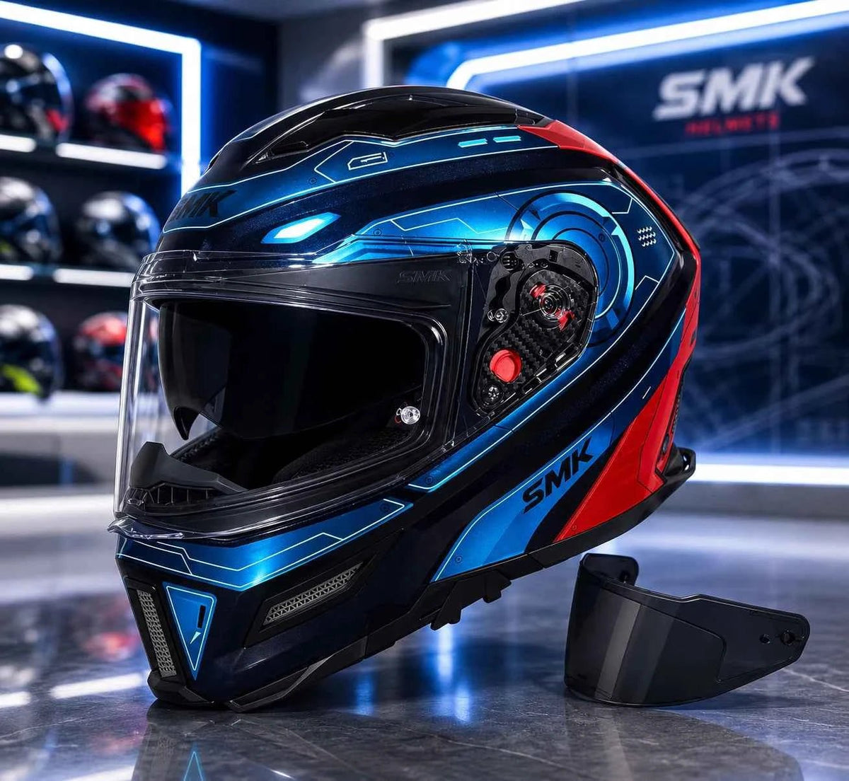 SMK STELLAR SPORT UNO GL657 MOTORCYCLE HELMET BLUE RED GREY - FREE DARK VISOR
