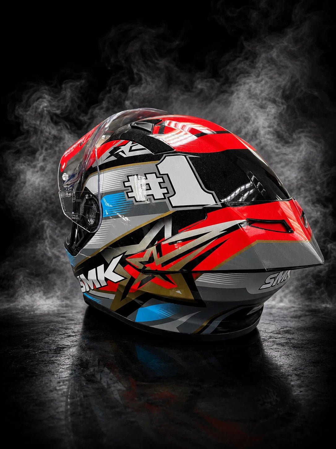 SMK STELLAR SPORT UNO GL657 MOTORCYCLE HELMET BLUE RED GREY - FREE DARK VISOR