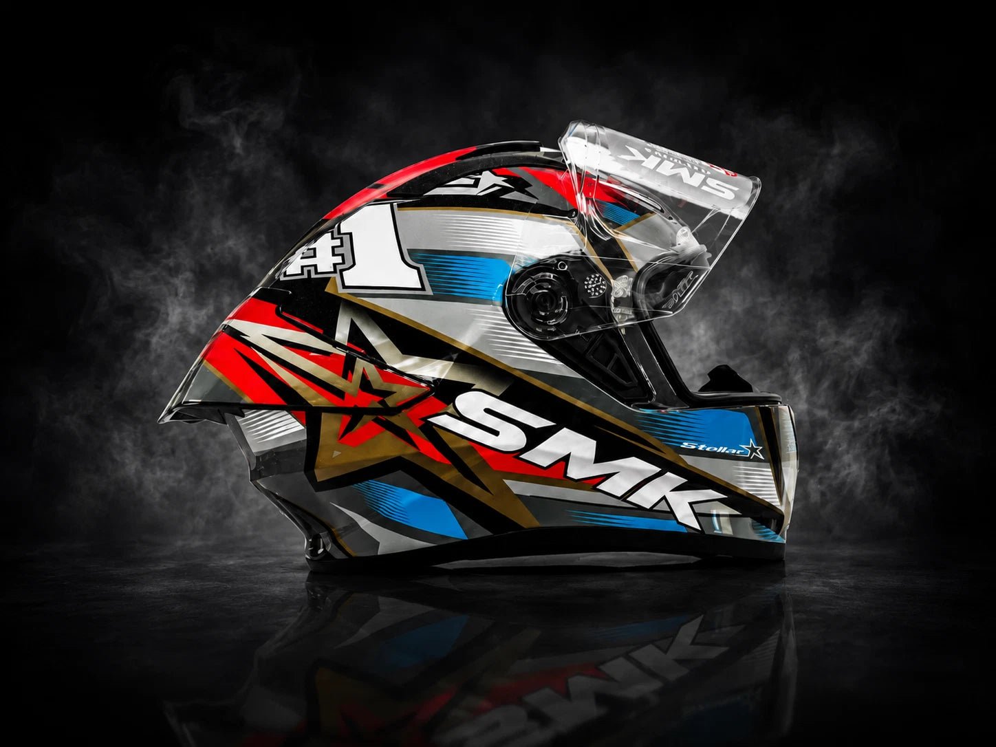 SMK STELLAR SPORT UNO GL657 MOTORCYCLE HELMET BLUE RED GREY - FREE DARK VISOR