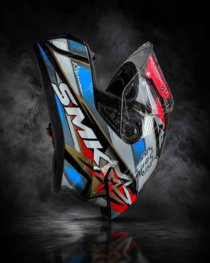SMK STELLAR SPORT UNO GL657 MOTORCYCLE HELMET BLUE RED GREY - FREE DARK VISOR