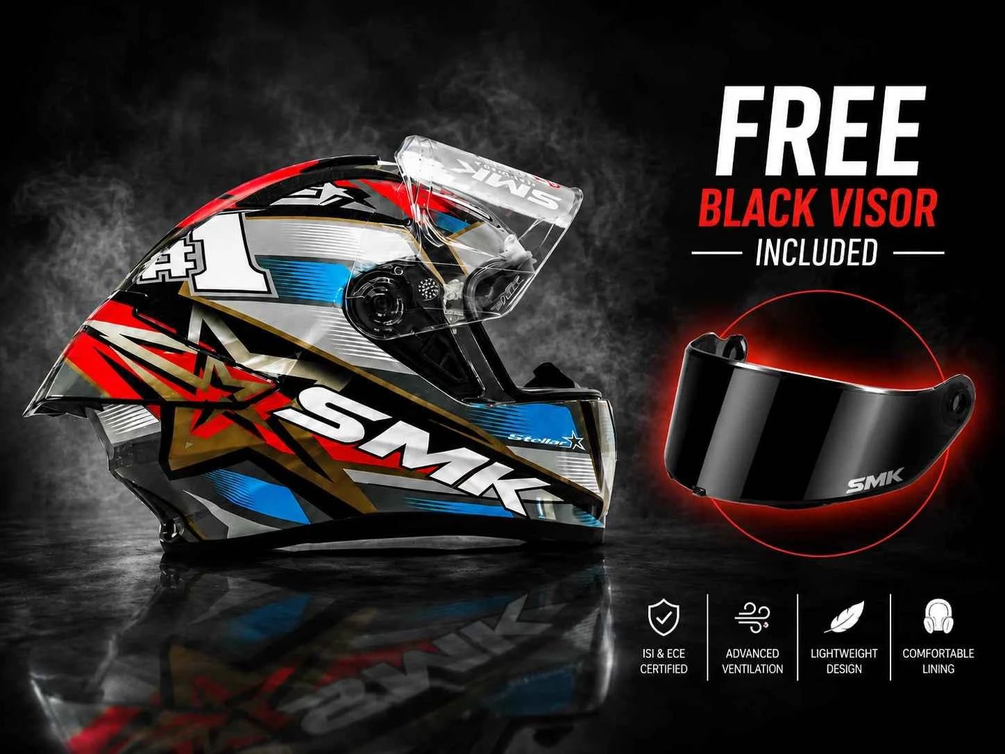SMK STELLAR SPORT UNO GL657 MOTORCYCLE HELMET BLUE RED GREY - FREE DARK VISOR