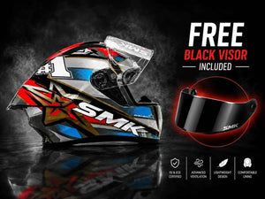 SMK STELLAR SPORT UNO GL657 MOTORCYCLE HELMET BLUE RED GREY - FREE DARK VISOR