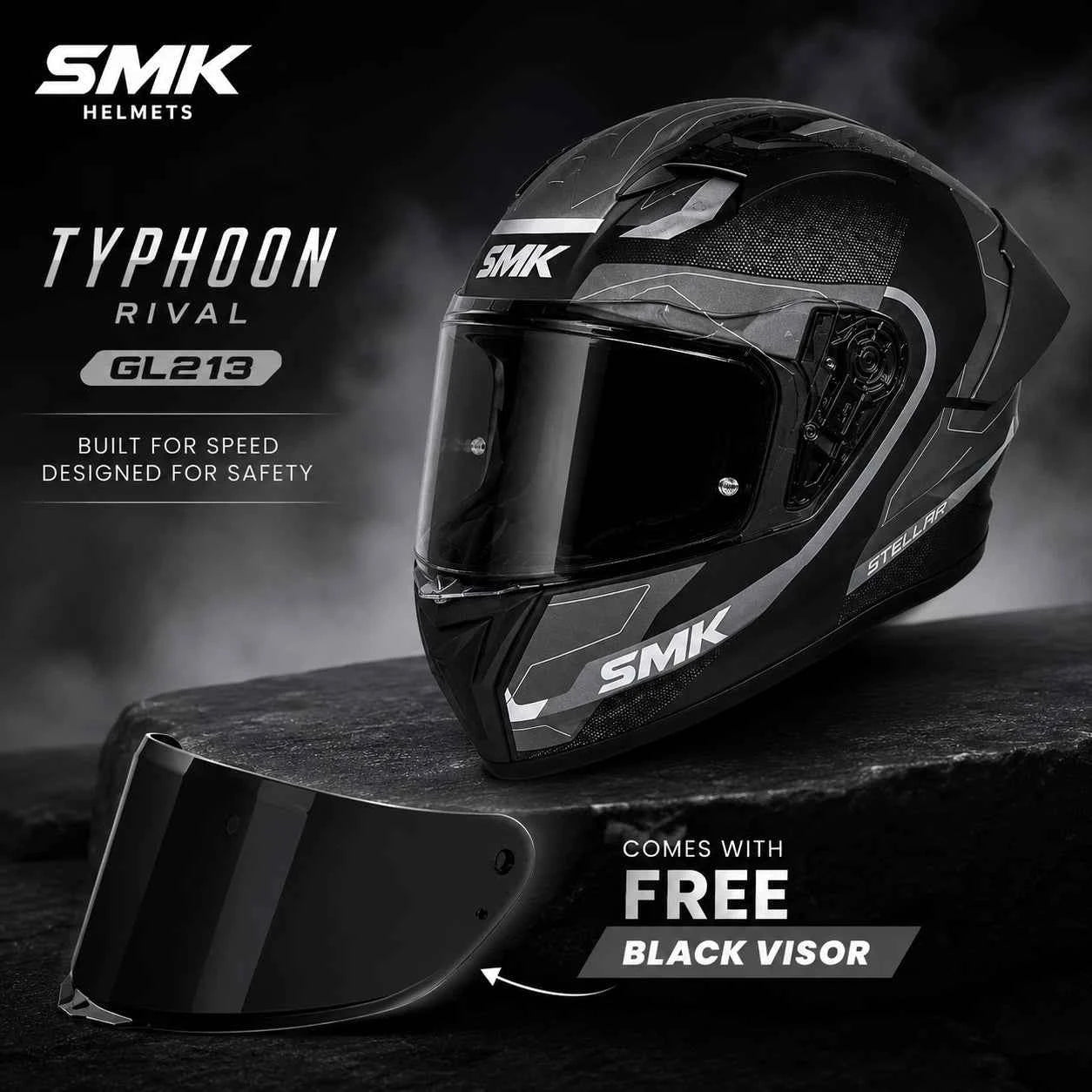 SMK Typhoon Rival GL213 Full Face Motorcycle Helmet with Free Black Visor – ECE