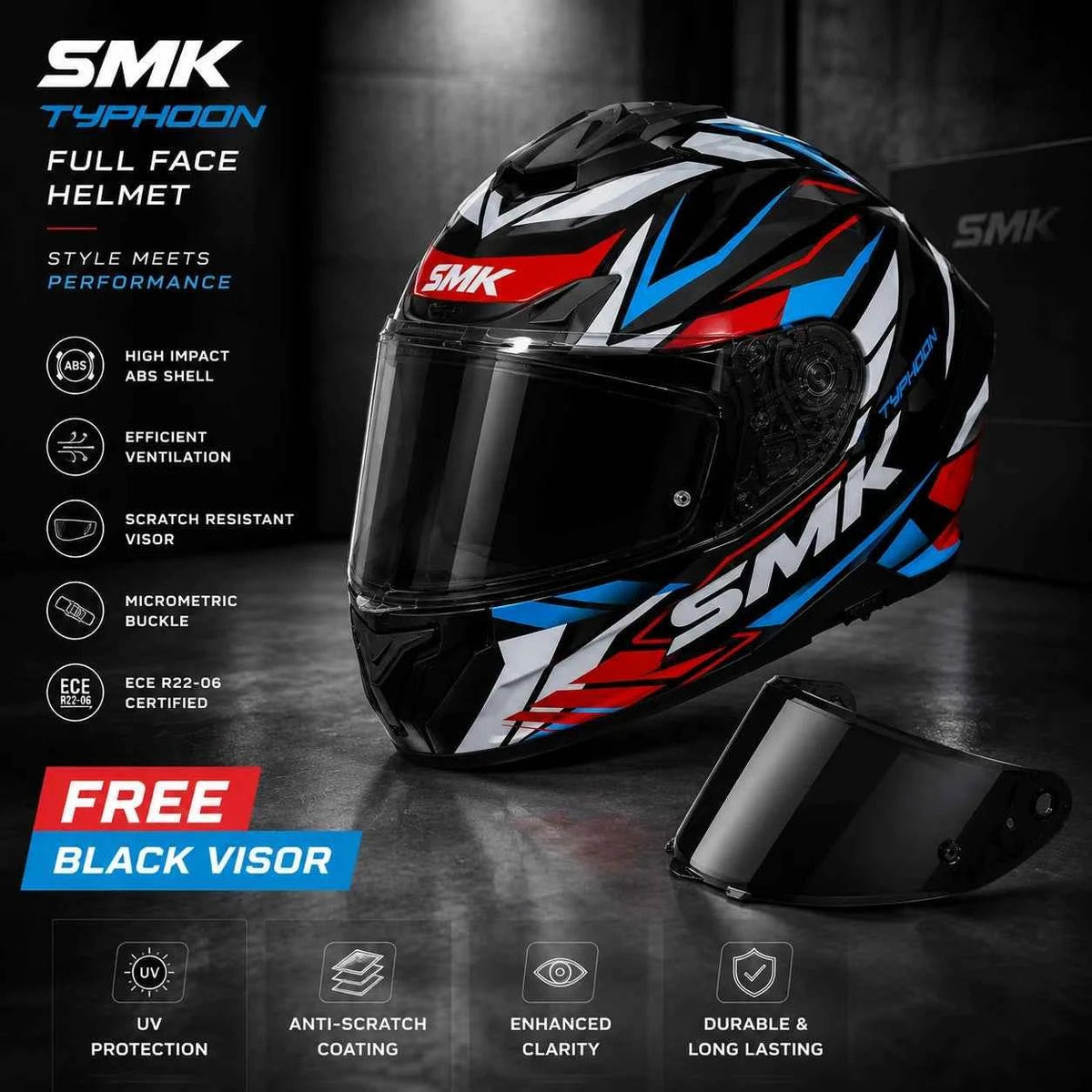 SMK Typhoon Rival GL213 Full Face Motorcycle Helmet with Free Black Visor – ECE
