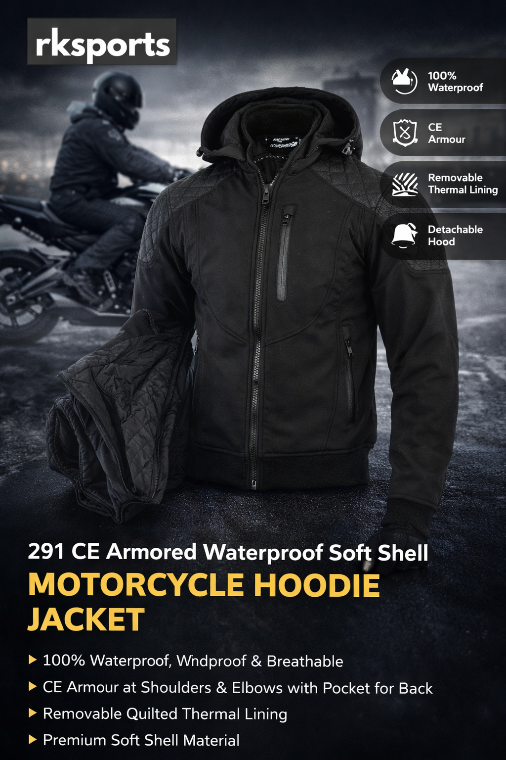 RK Sports CE Armure Souple Armoured Moto Hoodie