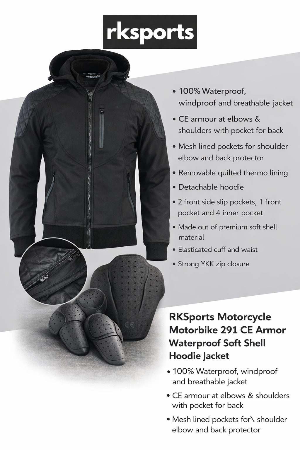 RK Sports CE Armure Souple Armoured Moto Hoodie