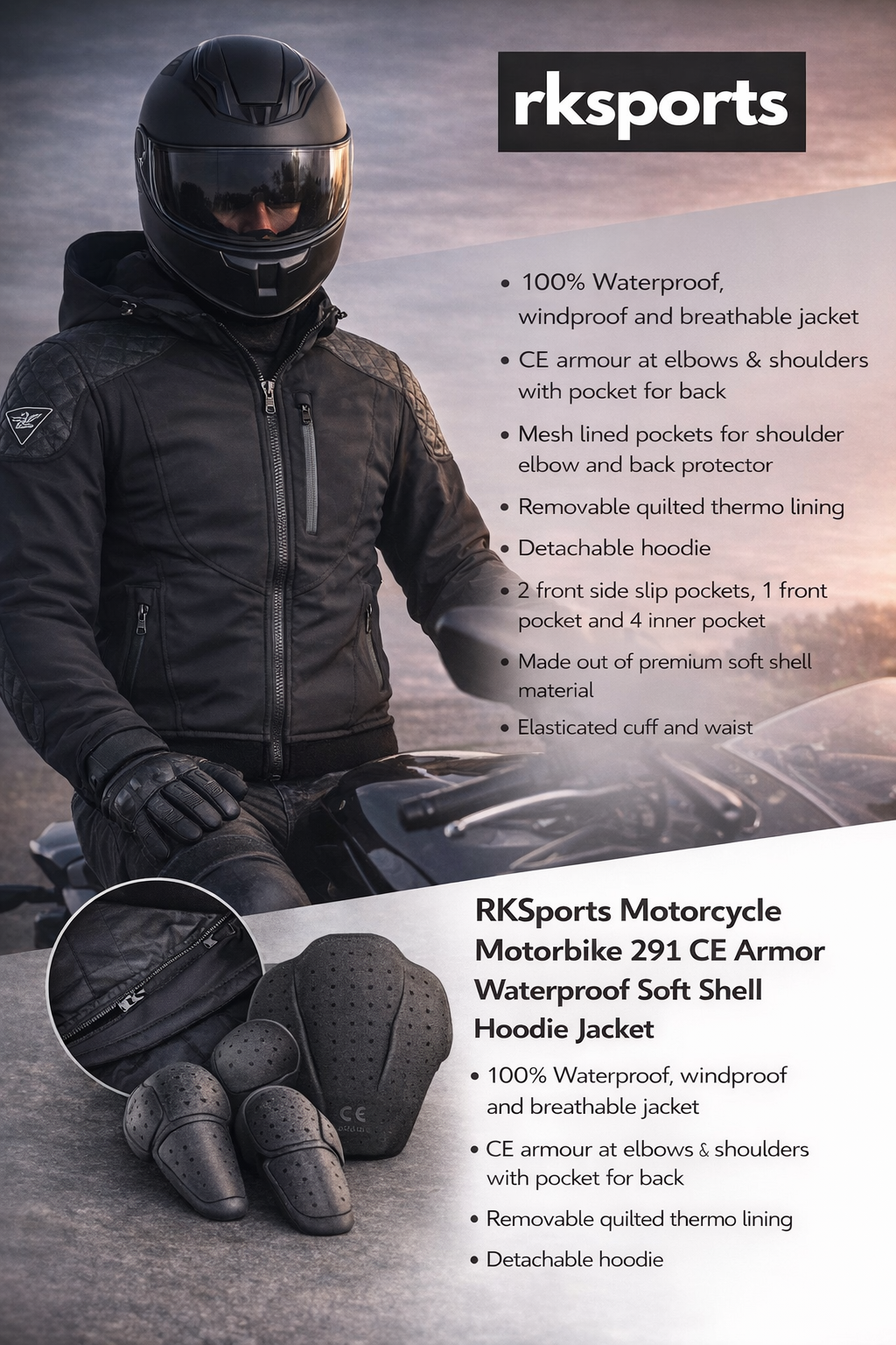 RK Sports CE Armure Souple Armoured Moto Hoodie