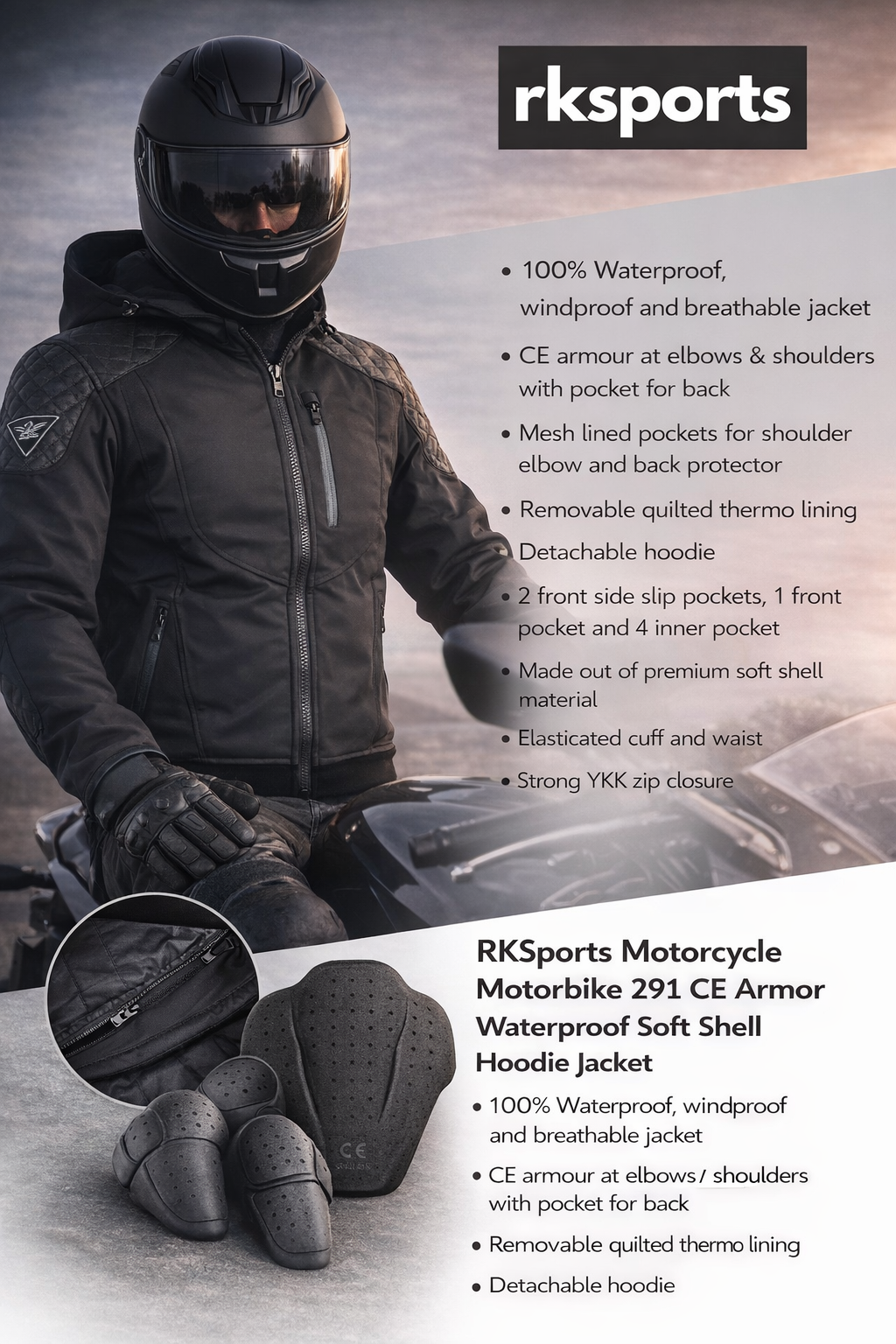 RK Sports CE Armure Souple Armoured Moto Hoodie
