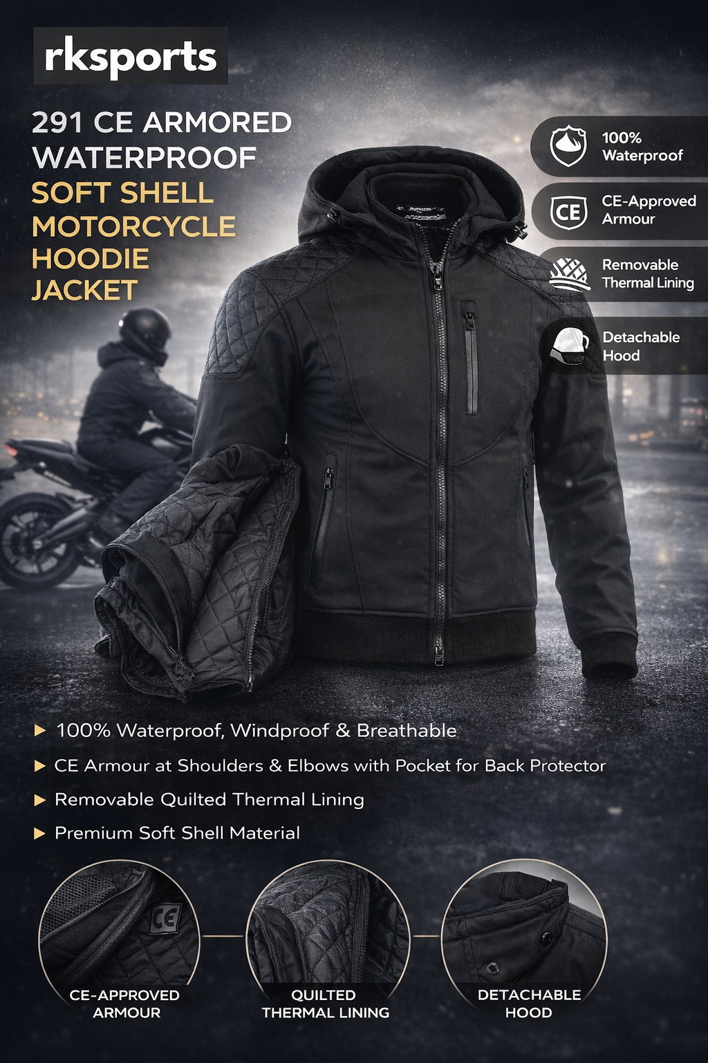 RK Sports CE Armure Souple Armoured Moto Hoodie